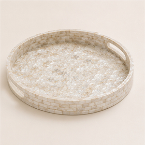 Bandeja Redonda de Nácar Blanco, Bandeja de Servir de Concha de Capiz, Patrón de Mosaico de Vieiras, Bandeja Decorativa para Mesa de Centro para el Hogar y Hoteles - Product Image 1
