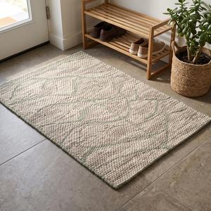 Alfombra Moderna de Lana Tejida a Mano con Bucle de Guijarros Gruesos, Antideslizante, con Base de Lona de Algodón - Color Sólido Crema Verde Salvia - Product Image 4