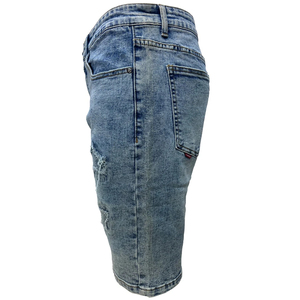 Shorts Bermuda en jean bleu clair pour homme, taille mi-haute, fermeture boutonnée, couleur unie, style décontracté déchiré, 100 % coton tissé - Product Image 3