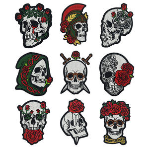 En stock, Patchs brodés thermocollants pour vêtements, style tatouage old school américain, motif crâne lumineux et rose - Product Image 2