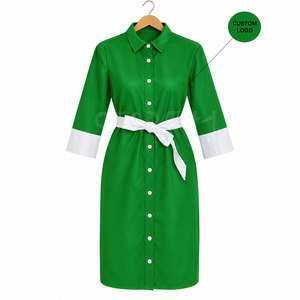Robe chemise verte Cosh International Sorority Sisterhood avec poignets et ceinture blancs, couleur contrastée, longueur midi, style bureau pour femme - Product Image 1