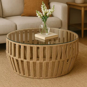 Luxury Round Rope Coffee <b>Table</b> With Tempered Glass Top For Home Hotel Lounge And <b>Balcony</b> Decoration - Product Image 1