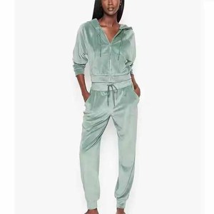 Survêtement à capuche en velours pour femme, manches longues, couleur unie, fermeture éclair personnalisée sur le devant, coupe ample, jogging décontracté avec poches latérales - Product Image 5