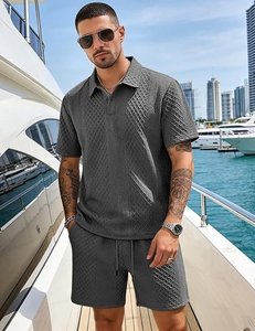 Men's Gray <b>Geometric</b> Knitted Polo <b>Shirt</b> And Pants Set Casual Summer Breathable Outfit - Product Image 2