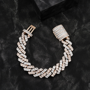 Pulsera de Lujo con Doble Hilera de Moissanita en Forma de Espina de Pescado, con Piedras Baguette de Color D VVS, en Oro Rosa y Oro Blanco, con Aspecto de Diamante - Product Image 1