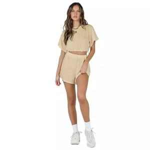 ชุดบ้าน2ชิ้นของผู้หญิง,กางเกงขาสั้นลำลองแขนสั้นคอกลมผูกเชือกสีพื้นแฟชั่นฤดูร้อน - Product Image 3