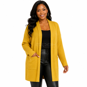 Cosh International - Cárdigan Largo de Punto Acrílico para Mujer, Color Amarillo Mostaza, Cuello Redondo, Frente Abierto, Estilo Casual, Color Sólido - Product Image 1