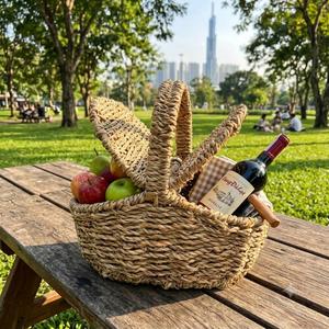 Cesta de Picnic Rústica de Mimbre con Tapa, Cesta de Almacenamiento Tejida a Mano, Organizador Ovalado Tejido para el Hogar y la Cocina - Product Image 6
