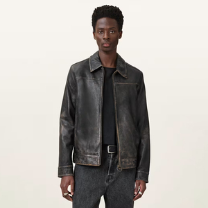 <b>Men's</b> Genuine Leather <b>Jacket</b> Vintage Distressed Finish Point Collar Zip Closure Ring Pull Banded Hem <b>Trucker</b> Coat Outerwear - Product Image 1