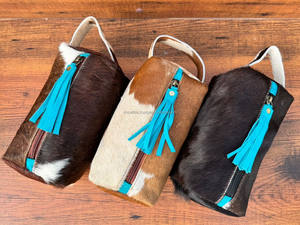 Nouveaux cheveux faits à la main sur la peau de vache Turquoise gland trousse de toilette pour femmes Western en cuir véritable sacs à cosmétiques pour le stockage de maquillage - Product Image 3