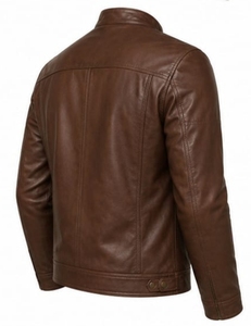 Chaqueta de moto de cuero original para hombre, azul y marrón, con cuello alto, cierre de cremallera, corte ajustado, manga regular, estilo color block para otoño - Product Image 4