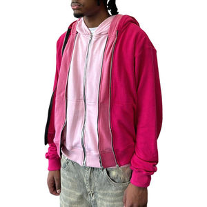Custom <b>Men's</b> French Terry Cotton <b>Hoodie</b> <b>Pink</b> Street Cropped Triple Zip-up with Plain Zipper Winter Style <b>Hoodie</b> - Product Image 4