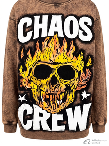 Sudadera con Capucha Personalizada para Hombre, Color Marrón, Lavado Ácido, Diseño Gráfico de Calavera Flameante Chaos Crew, Hombros Caídos, Felpa Gruesa, Estilo Urbano - Product Image 2