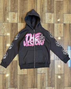 Sudadera con capucha pesada personalizada OEM con cremallera, letras rosas, estampado en la manga, unisex, estilo oversize, streetwear - Product Image 1