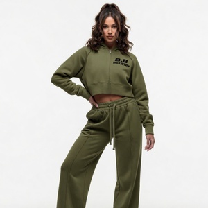 Vibrant Yellow Cropped Hoodie Tracksuit Women Zip Up Oversized Hooded <b>Top</b> with <b>Flowy</b> Wide Leg Pants Soft Fleece Fashion Set - Product Image 6