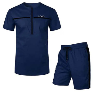 Men's Summer Breathable Short Sleeve Acid Washed Polyester/Cotton T-Shirts & Shorts 2-Piece Casual Sports <b>Set</b> - Product Image 1