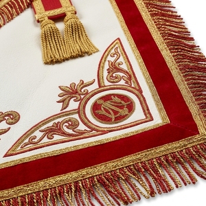 Custom <b>White</b> Leather Square V-shaped Flap Masonic <b>Apron</b> Red Velvet Trim Gold Fringe Embroidered Freemason Regalia Safety Pin - Product Image 3