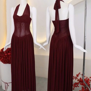 Robe longue de soirée élégante pour femme, style empire, en satin transparent, couleur bordeaux, col licou, sans manches, coupe trapèze, couleur unie, OEM - Product Image 6