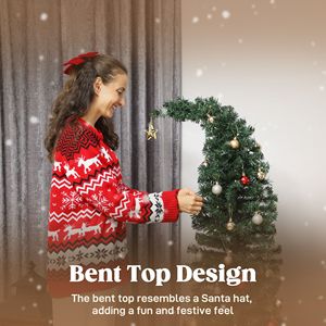 Albero di Natale preilluminato da 1,5 m con cima piegata, abete alta montagna sottile e fantasioso con 100 LED e supporto in metallo verde - Product Image 5