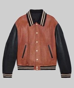 Men's Brown <b>Leather</b> Varsity <b>Jacket</b> With Black Sleeves Turn-down Collar Casual Style Autumn Wear - Product Image 5