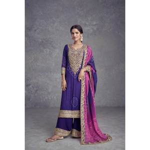 Conjunto morado de diseñador Chinon para mujer Top de trabajo con bordado impreso digital y Palazzo con Dupatta - Product Image 1