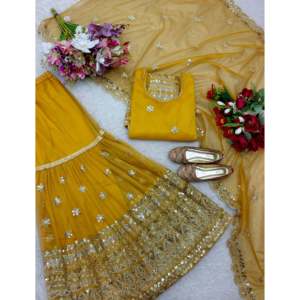 Top de trabajo de secuencia bordada para mujer-Sharara y Dupatta para ropa de fiesta - Product Image 3