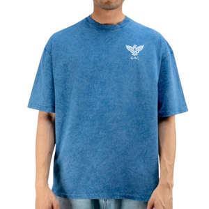 เสื้อยืดโอเวอร์ไซส์สีน้ำเงินฟอกสีสำหรับผู้ชาย แขนสั้น คอกลม สไตล์ลำลอง สตรีทแวร์ ไซส์ XL ขายส่ง รับผลิตเสื้อผ้าตามสั่ง รับออเดอร์จำนวนมาก - Product Image 1