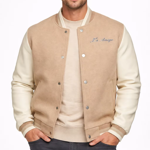 Chaqueta Bomber Varsity Beige Premium para Hombre, Estilo Clásico Letterman con Mangas en Contraste, Cuerpo de Mezcla de Lana Suave y Cuello Liso - Product Image 1