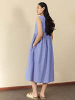 Robe midi sans manches en lin bleu, col mandarin, coupe trapèze ample, décontractée pour le quotidien, belle robe élégante pour femme