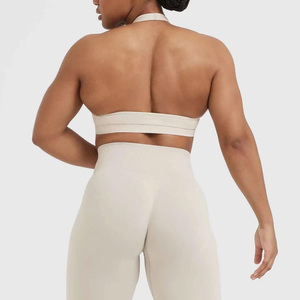Women's Breathable Beige Sports Bra High Neck Crop <b>Top</b> Seamless Yoga Fitness Workout Wear Solid Color Athletic Bra - Product Image 2
