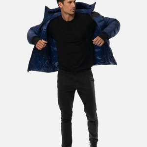 <b>Men's</b> Navy Blue Hooded Puffer <b>Jacket</b> With Black Panel Windproof <b>Down</b> <b>Filled</b> Casual Winter Wear Regular Length Zipper Closure - Product Image 2