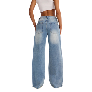 Jean en denim déchiré bleu clair pour femme, coupe large, taille mi-haute, respirant, décontracté, ample, pantalon tendance automne, longueur complète - Product Image 2