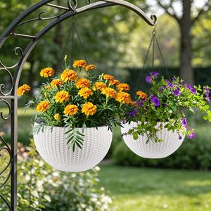 Grande Vaso Sospeso Autoirrigante da 13,4 Pollici Ispirato al Rattan, Resistente alla Decomposizione delle Radici, con Serbatoio d'Acqua, Accessorio per Cesti Sospesi - Product Image 1