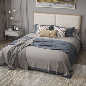 Lit en bois classique avec dossier en forme de pain vapeur, cadre métallique, lattes en bois massif, quatre tiroirs de rangement confortables en éponge souple - Product Image 1