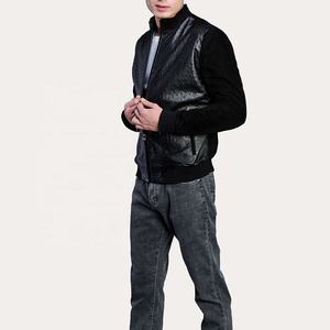 Men's <b>Black</b> Cow-Skin Suede Leather Bomber <b>Jacket</b> With Ostrich Skin Embossed Leather <b>Jacket</b> - Product Image 3