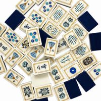 Set Mahjong Mewah Modern Amerika 1,42 Inci Ubin Akrilik Dua Lapis Warna Biru Dongker Desain Naga dan Bangau Oriental 160 PCS Portabel