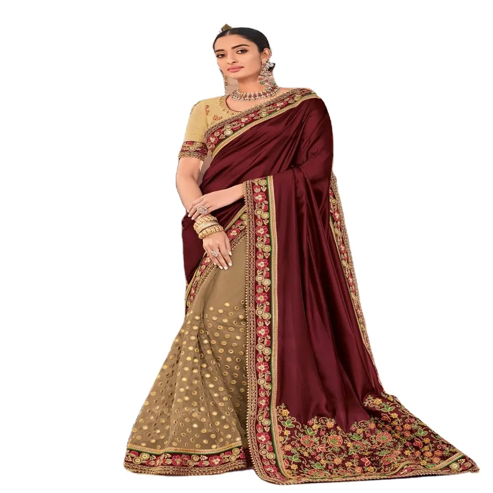 2023 패션 실크와 국경 아름다운 반과 반 그물 파티와 캐주얼 착용 sarees와 디자이너 블라우스 온라인 Saree