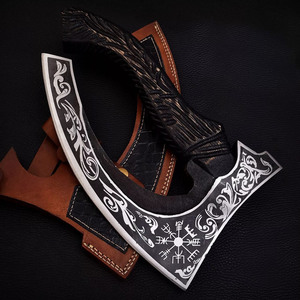 Hacha Tomahawk Hecha a Mano, Acero con Alto Contenido de Carbono, Grabado Floral con Runas Vikingas, Mango de Madera, Funda de Cuero, Herramienta de Supervivencia para Cortar Pizza, OEM - Product Image 1