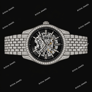 Silver Skeleton Dial Diamond <b>Watch</b> <b>Black</b> Face Open Gear Design Sparkling Luxury Timepiece Elegant Fashion Gift For Men - Product Image 2