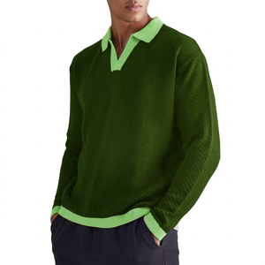 เสื้อโปโลถักแขนยาวผู้ชายแบบสั่งทำ ขายส่ง คอปกสองสี เสื้อสวมหัวลำลองผู้ชาย รับผลิตแบบ OEM ODM จากโรงงานโดยตรง - Product Image 1