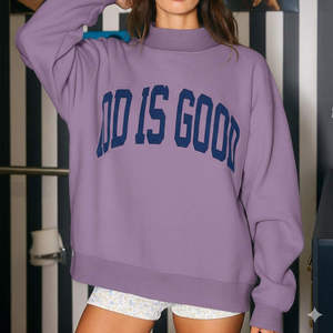 Sweat-shirt marron surdimensionné pour femme, à manches longues, en tricot, avec imprimé lettres Jésus et appliqué, col montant, hiver - Product Image 2