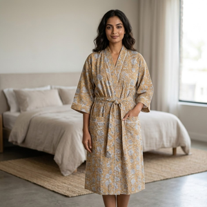 Robe kimono longue florale écologique pour femmes |   Robe de chambre en coton imprimée à la main |   Peignoir de plage à col en V et manches longues - Product Image 2