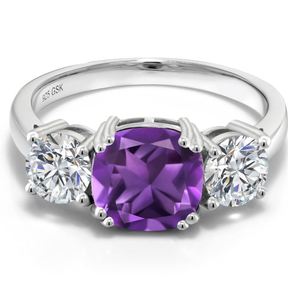 Anillo de Compromiso, Boda o Promesa de Plata de Ley 925 con Amatista Púrpura y Moissanita, Corte Cojín, Engaste de 3 Piedras - Product Image 2
