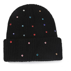Custom Black Crystal Beanie Hat Ribbed Knit <b>Winter</b> <b>Cap</b> Unisex Soft Warm Stretch Skull <b>Cap</b> OEM Wholesale Hat - Product Image 3