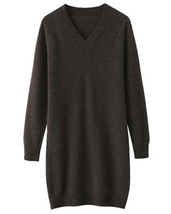 Vestido de suéter midi casual de lana tejida ajustado con cuello simulado y manga larga de color liso para mujer, transpirable, para otoño - Product Image 1