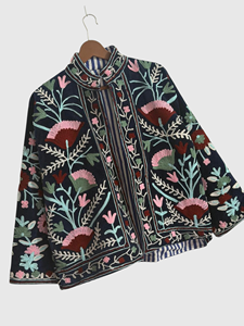 Veste à col mandarin brodée à la main avec des motifs floraux, manches longues, en coton, pour adulte, style Prairie Chic, à porter en automne - Product Image 4