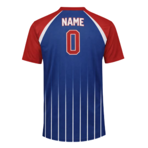 Maillot de baseball personnalisé sublimé pour homme, rayé bleu, rouge et blanc, manches courtes, anti-humidité, logo d'équipe, fermeture boutonnée sur le devant - Product Image 2
