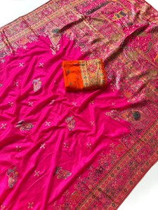 Sari de Seda Pura Rajwadi Pashmina con Borde de Zari Pesado Tejido con Hilo, Tradicional para Mujer, de Secado Rápido y Sin Arrugas - Product Image 2