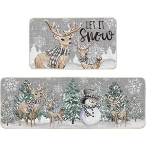 Set di 2 tappetini da cucina natalizi con albero di cervi e fiocchi di neve, decorazioni invernali a basso profilo 17x29 1 - Product Image 1