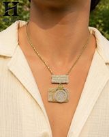 Collier personnalisé Hip Hop pour homme avec pendentif caméra plaqué or et breloque caméra avec plaque nominative